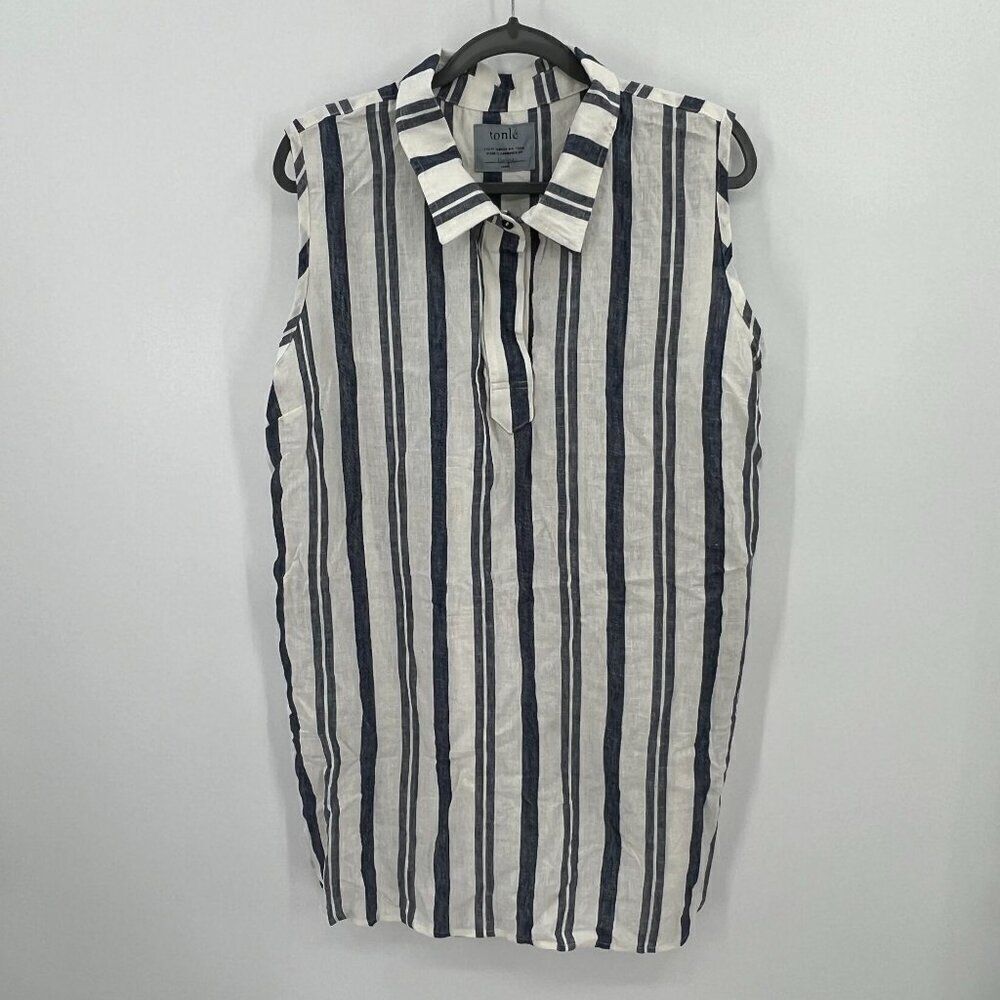 Tonle Women M White & Blue Striped Sleeveless Dress Tunic Lagenlook Sustainable